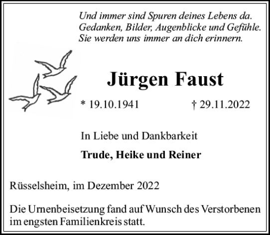 Traueranzeige von Jürgen Faust von vrm-trauer Rüsselsheimer Echo / MainSpitze