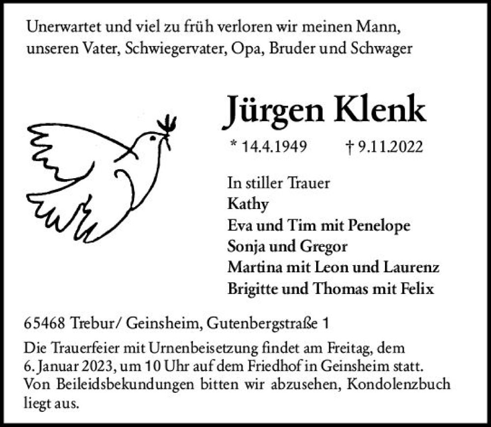  Traueranzeige für Jürgen Klenk vom 31.12.2022 aus vrm-trauer Rüsselsheimer Echo / MainSpitze