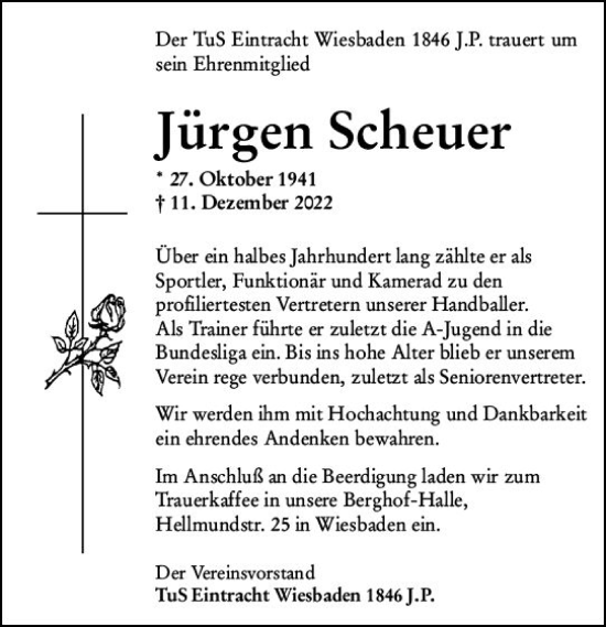 Traueranzeige von Jürgen Scheuer von vrm-trauer Wiesbadener Kurier