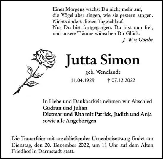 Traueranzeige von Jutta Simon von vrm-trauer Darmstädter Echo