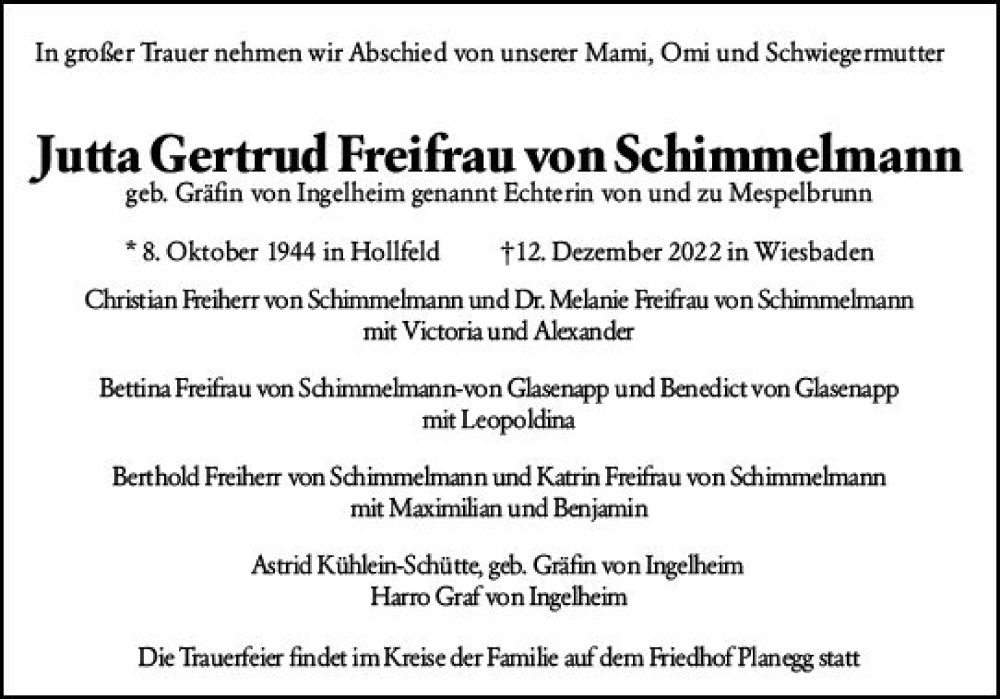  Traueranzeige für Jutta Gertrud Freifrau von Schimmelmann vom 19.12.2022 aus vrm-trauer Wiesbadener Kurier