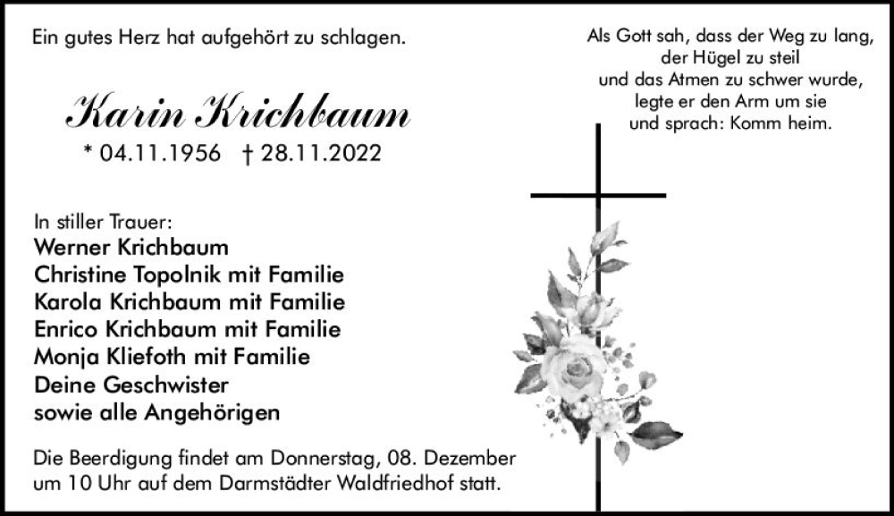  Traueranzeige für Karin Krichbaum vom 03.12.2022 aus vrm-trauer Darmstädter Echo