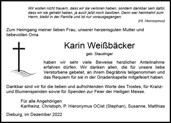Traueranzeige von Karin Weißbäcker von vrm-trauer DieburgerAnzeiger/Groß-Zimmerner Lokala