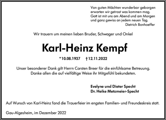 Traueranzeige von Karl-Heinz Kempf von vrm-trauer Rüsselsheimer Echo / MainSpitze
