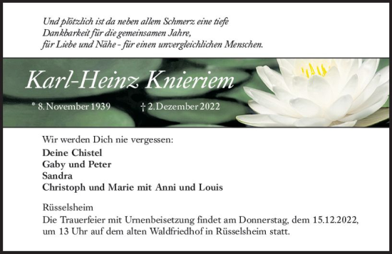 Traueranzeige von Karl-Heinz Knieriem von vrm-trauer Rüsselsheimer Echo / MainSpitze