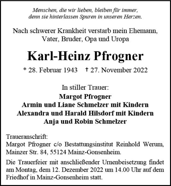 Traueranzeige von Karl-Heinz Pfrogner von vrm-trauer AZ Mainz