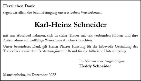 Traueranzeige von Karl-Heinz Schneider von vrm-trauer Allgemeine Zeitung Alzey