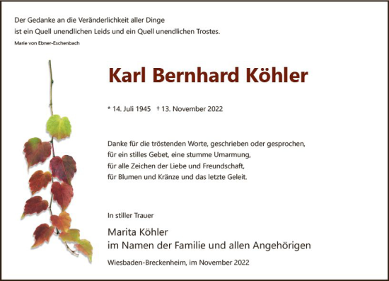 Traueranzeige von Karl Bernhard Köhler von vrm-trauer Wiesbadener Kurier
