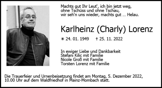 Traueranzeige von Karlheinz Lorenz von vrm-trauer AZ Mainz