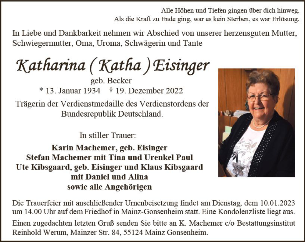  Traueranzeige für Katharina  Eisinger vom 31.12.2022 aus vrm-trauer AZ Mainz