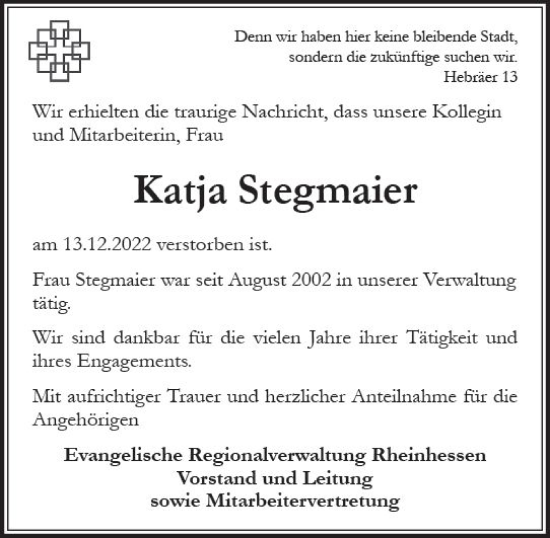 Traueranzeige von Katja Stegmaier von vrm-trauer Allgemeine Zeitung Alzey