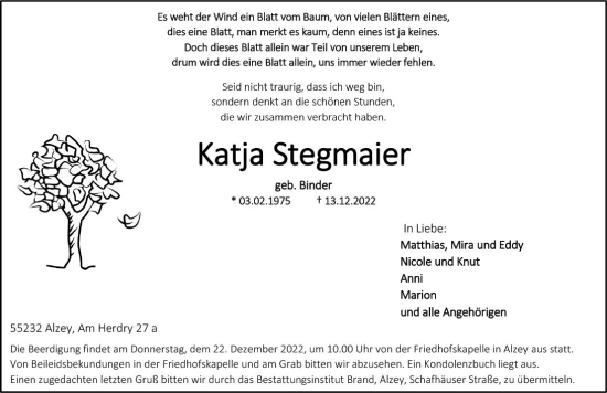 Traueranzeige von Katja Stegmaier von vrm-trauer Allgemeine Zeitung Alzey
