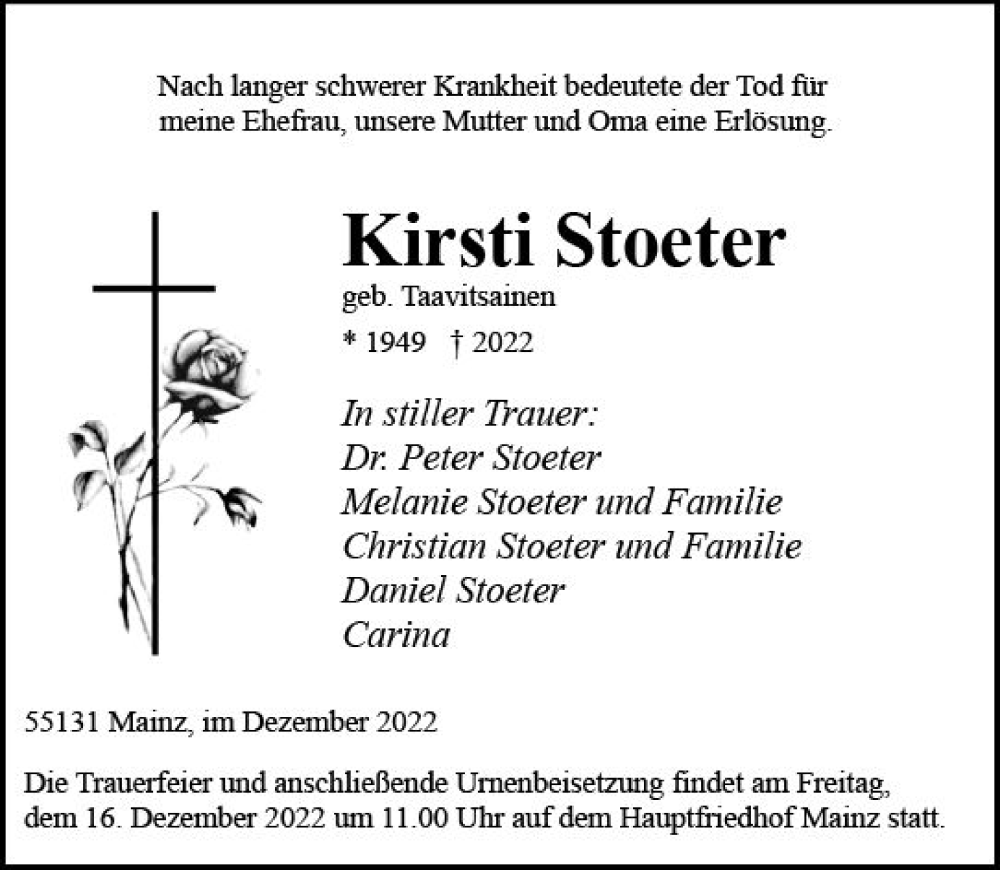 Traueranzeige für Kirsti Stoeter vom 10.12.2022 aus vrm-trauer AZ Mainz