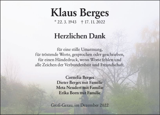 Traueranzeige von Klaus Berges von vrm-trauer Groß-Gerauer Echo
