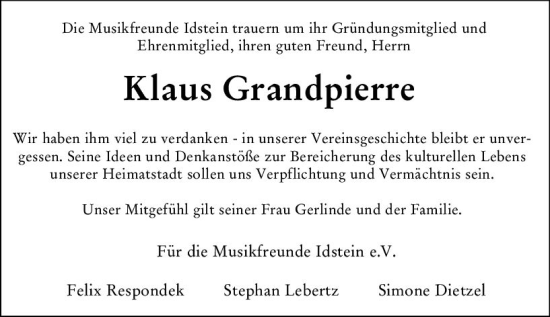 Traueranzeige von Klaus Grandpierre von vrm-trauer Idsteiner Zeitung
