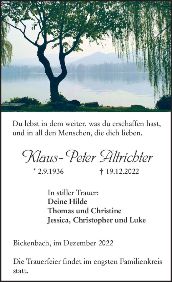 Traueranzeige von Klaus-Peter Altrichter von vrm-trauer Darmstädter Echo