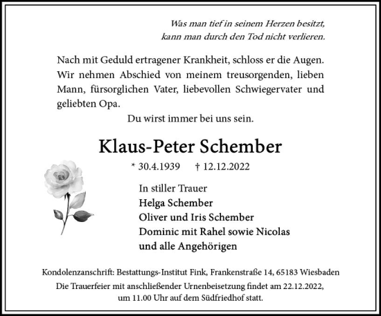 Traueranzeige von Klaus-Peter Schember von vrm-trauer Wiesbadener Kurier
