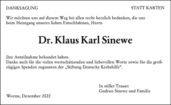 Traueranzeige von Klaus Karl Sinewe von vrm-trauer Wormser Zeitung