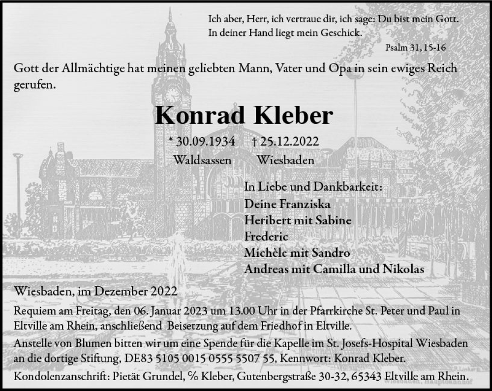  Traueranzeige für Konrad Kleber vom 31.12.2022 aus vrm-trauer Wiesbadener Kurier