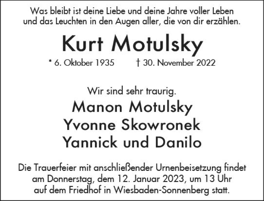  Traueranzeige für Kurt Motulsky vom 17.12.2022 aus vrm-trauer Wiesbadener Kurier
