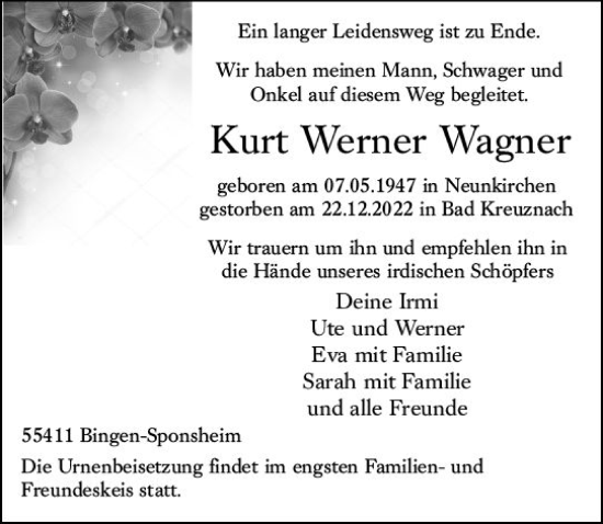 Traueranzeige von Kurt Werner Wagner von vrm-trauer Neue Binger Zeitung