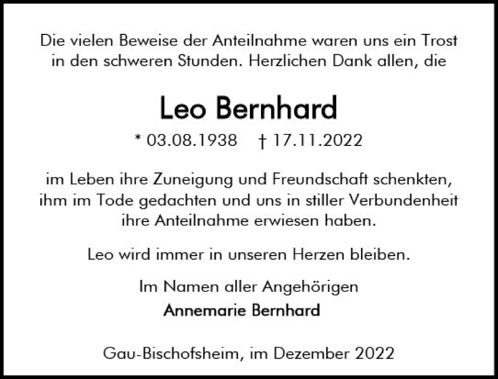  Traueranzeige für Leo Bernhard vom 17.12.2022 aus vrm-trauer AZ Mainz