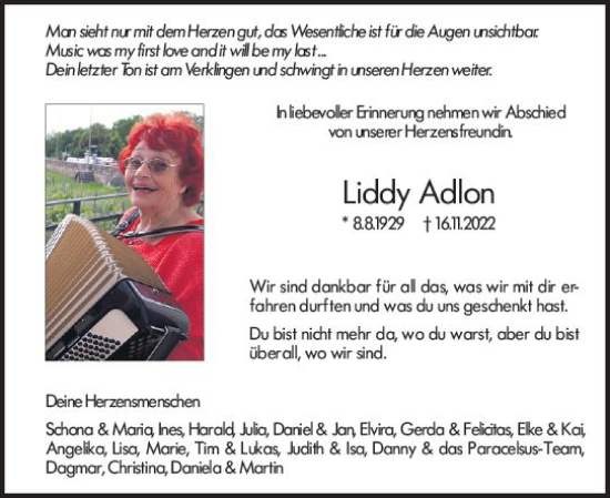 Traueranzeige von Liddy Adlon von vrm-trauer Hochheimer Zeitung