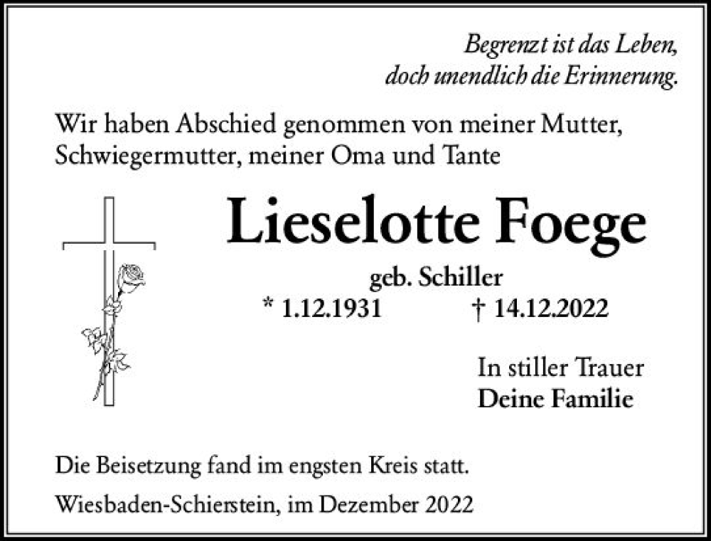  Traueranzeige für Lieselotte Foege vom 28.12.2022 aus vrm-trauer Wiesbadener Kurier