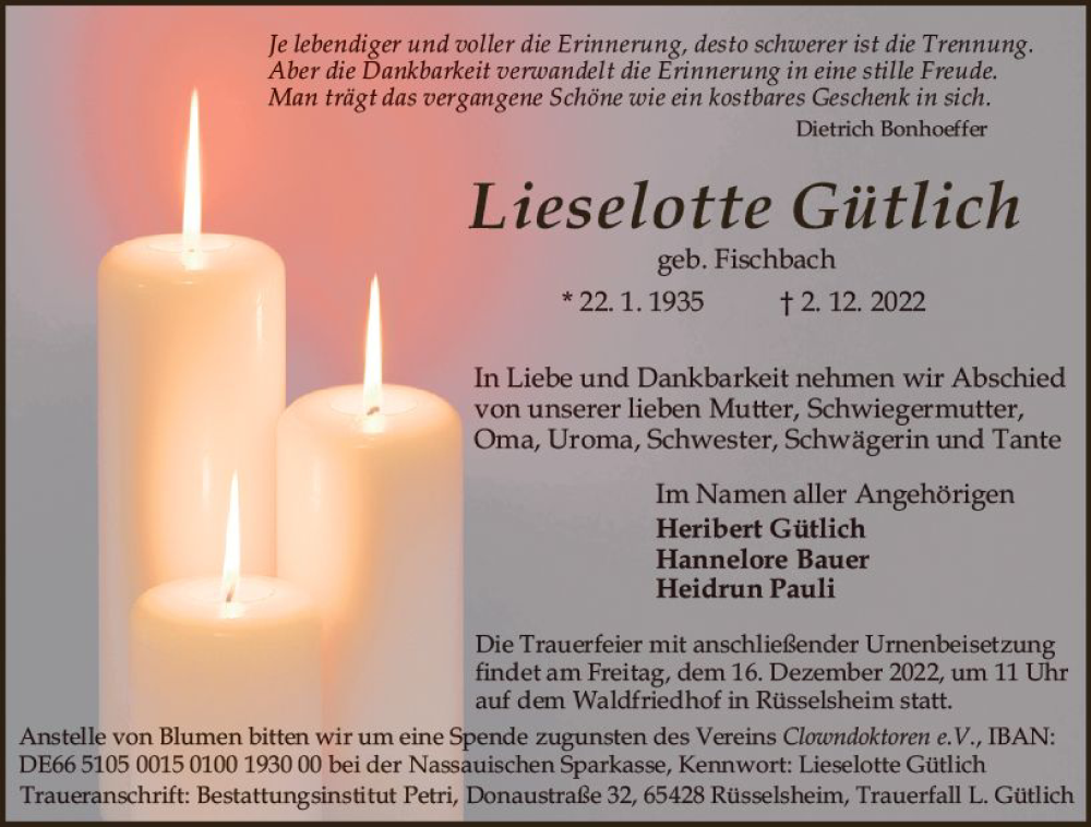  Traueranzeige für Lieselotte Gütlich vom 10.12.2022 aus vrm-trauer Rüsselsheimer Echo / MainSpitze