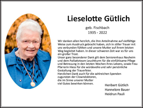 Traueranzeige von Lieselotte Gütlich von vrm-trauer Rüsselsheimer Echo / MainSpitze