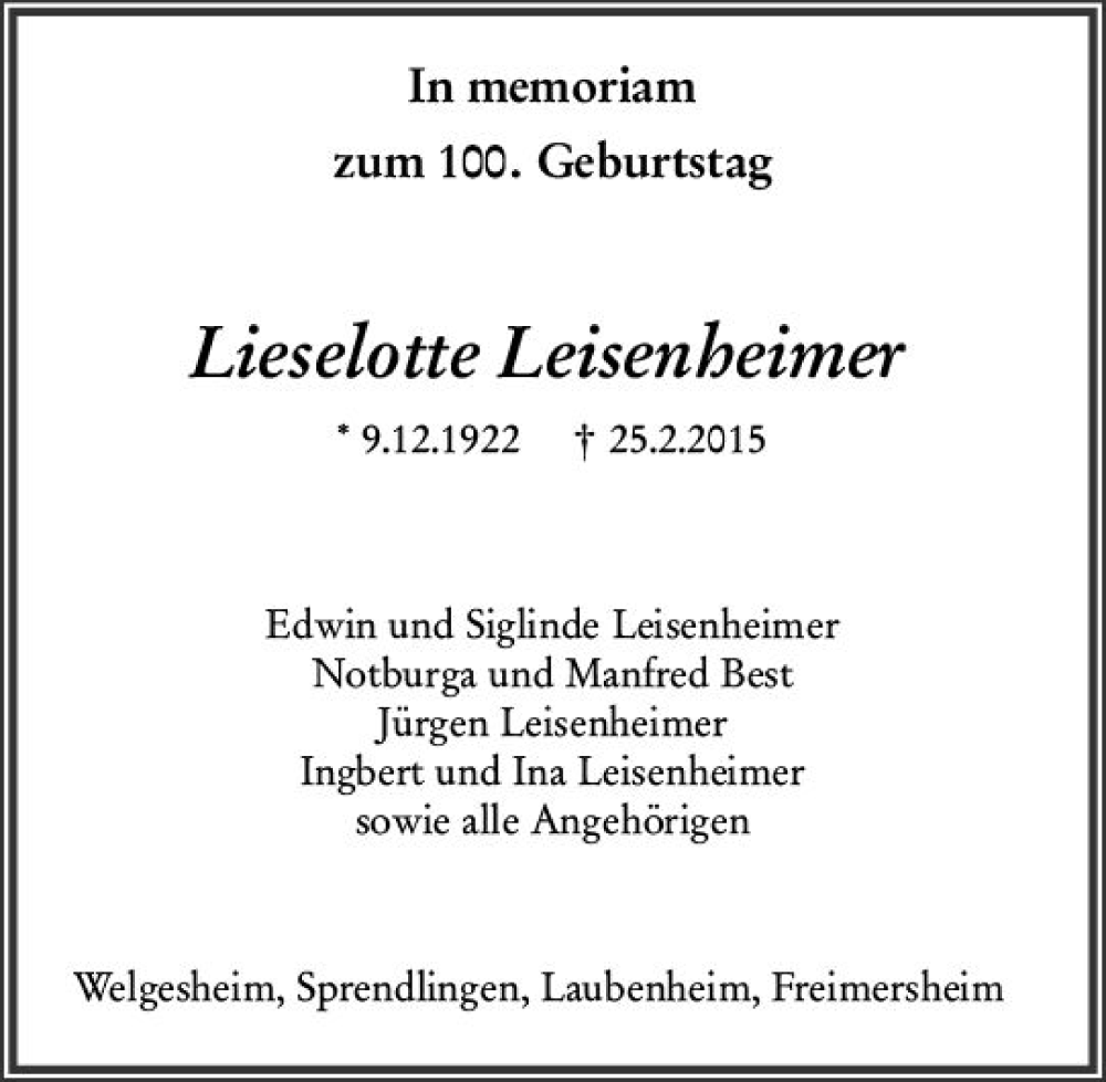  Traueranzeige für Lieselotte Leisenheimer vom 09.12.2022 aus vrm-trauer Allgemeine  Zeitung Ingelheim-Bingen