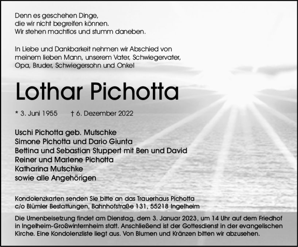  Traueranzeige für Lothar Pichotta vom 17.12.2022 aus vrm-trauer Allgemeine  Zeitung Ingelheim-Bingen