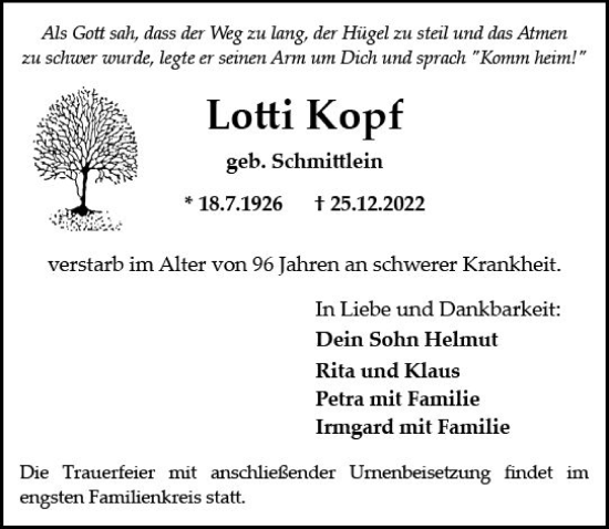 Traueranzeige von Lotti Kopf von vrm-trauer AZ Mainz