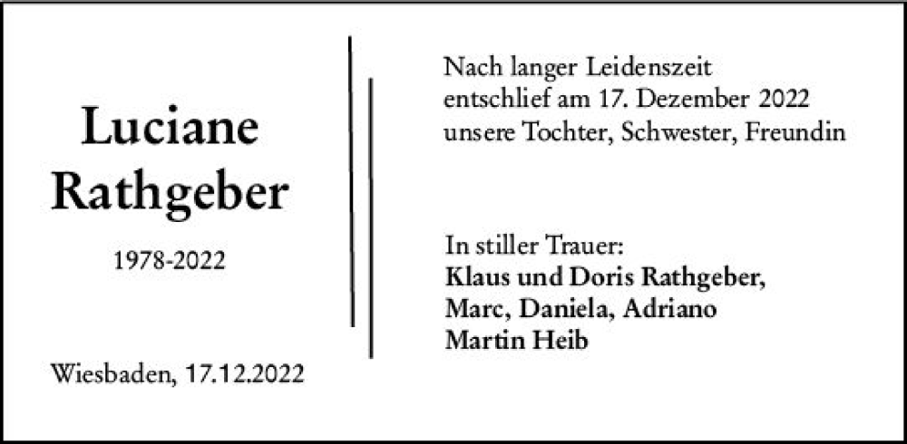  Traueranzeige für Luciane Rathgeber vom 31.12.2022 aus vrm-trauer Wiesbadener Kurier