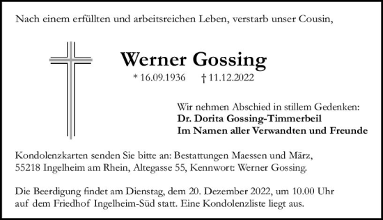 Traueranzeige von LWerner Gossing von vrm-trauer Allgemeine  Zeitung Ingelheim-Bingen