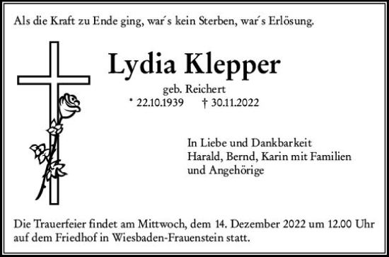 Traueranzeige von Lydia Klepper von vrm-trauer Wiesbadener Kurier