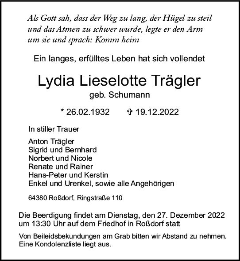  Traueranzeige für Lydia Lieselotte Trägler vom 24.12.2022 aus vrm-trauer Darmstädter Echo