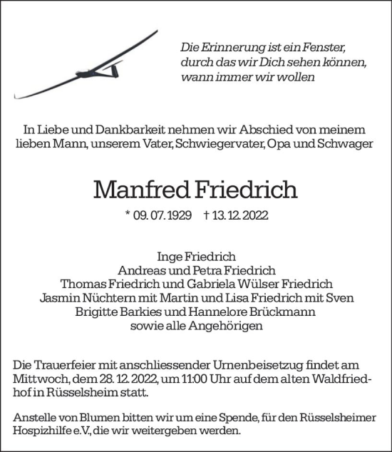 Traueranzeige von Manfred Friedrich von vrm-trauer Rüsselsheimer Echo / MainSpitze