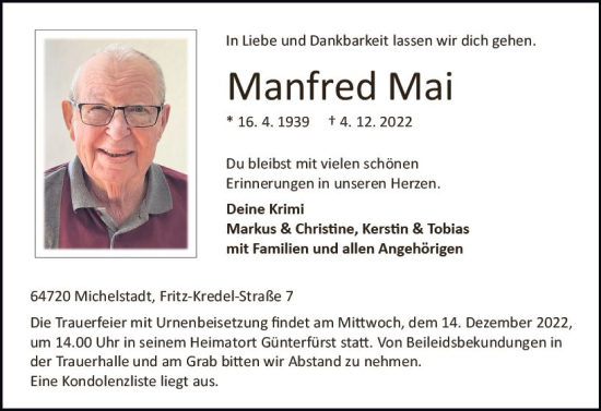 Traueranzeige von Manfred Mai von vrm-trauer Odenwälder Echo