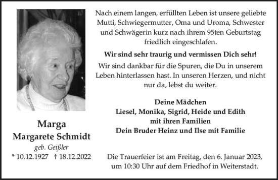 Traueranzeige von Margarete Schmidt von vrm-trauer Darmstädter Echo