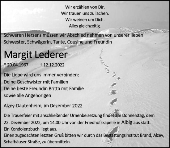 Traueranzeige von Margit Lederer von vrm-trauer Allgemeine Zeitung Alzey