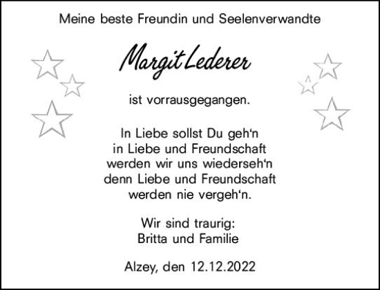 Traueranzeige von Margit Lederer von vrm-trauer Allgemeine Zeitung Alzey