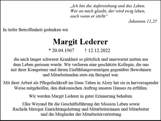Traueranzeige von Margit Lederer von vrm-trauer Allgemeine Zeitung Alzey