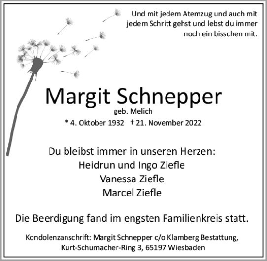Traueranzeige von Margit Schnepper von vrm-trauer Wiesbadener Kurier