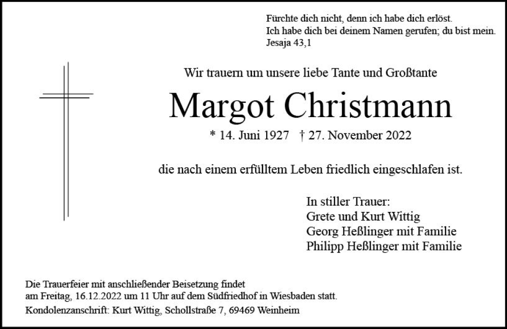  Traueranzeige für Margot Christmann vom 10.12.2022 aus vrm-trauer Wiesbadener Kurier