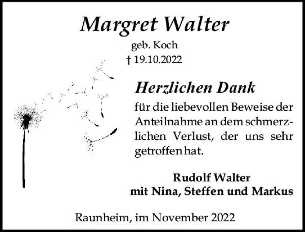  Traueranzeige für Margret Walter vom 03.12.2022 aus vrm-trauer Rüsselsheimer Echo / MainSpitze
