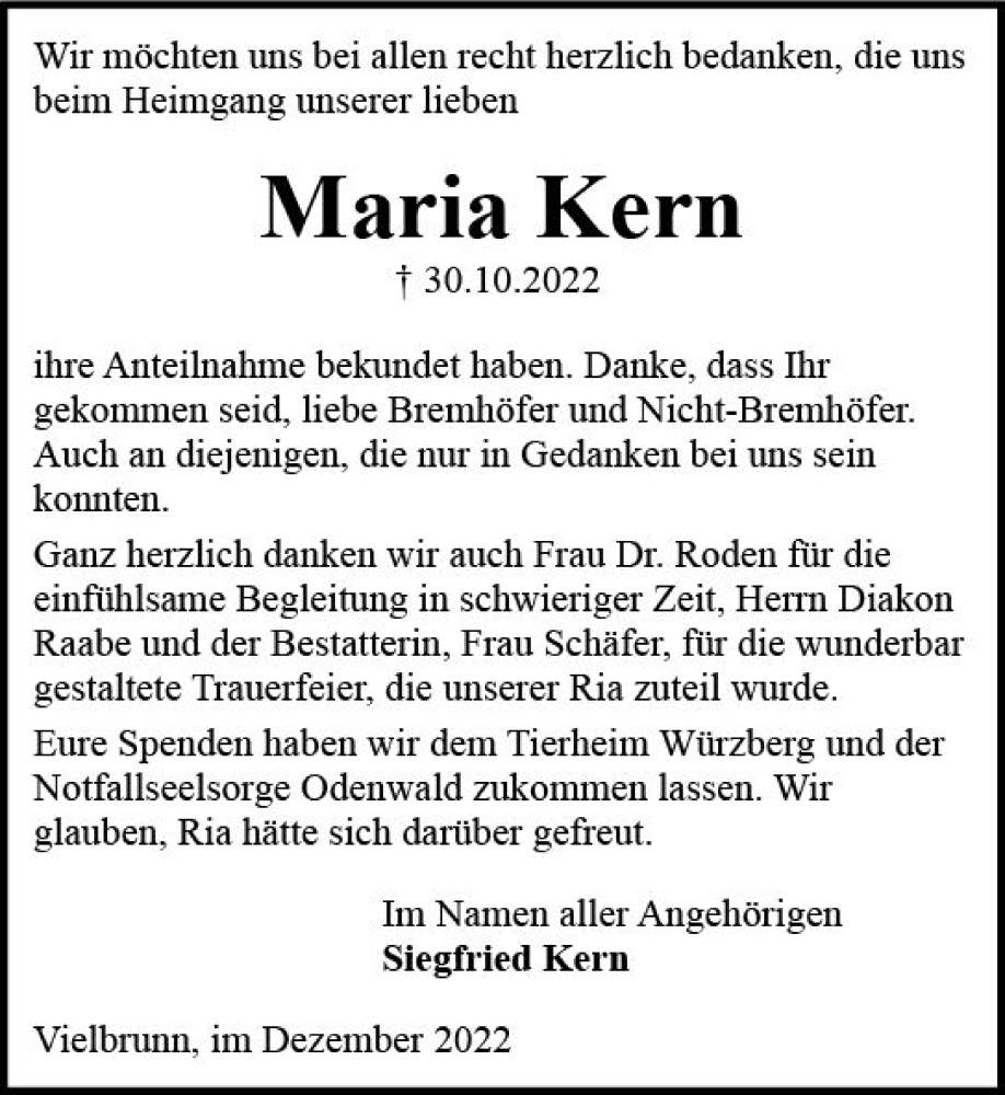  Traueranzeige für Maria Kern vom 17.12.2022 aus vrm-trauer Odenwälder Echo
