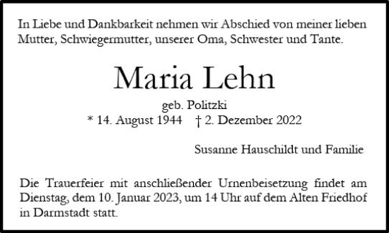 Traueranzeige von Maria Lehn von vrm-trauer Darmstädter Echo