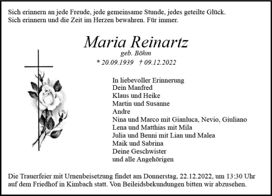 Traueranzeige von Maria Reinartz von vrm-trauer Odenwälder Echo