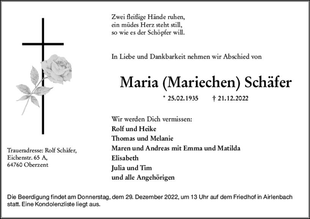  Traueranzeige für Maria  Schäfer vom 24.12.2022 aus vrm-trauer Odenwälder Echo
